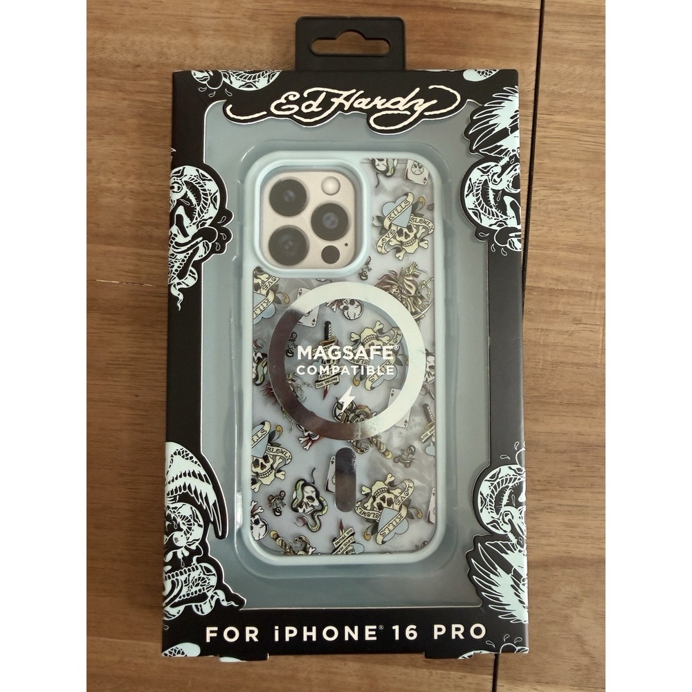 Ed Hardy iPhone 16 Pro MagSafe Compatible Phone Case Skull Tattoo Blue New
